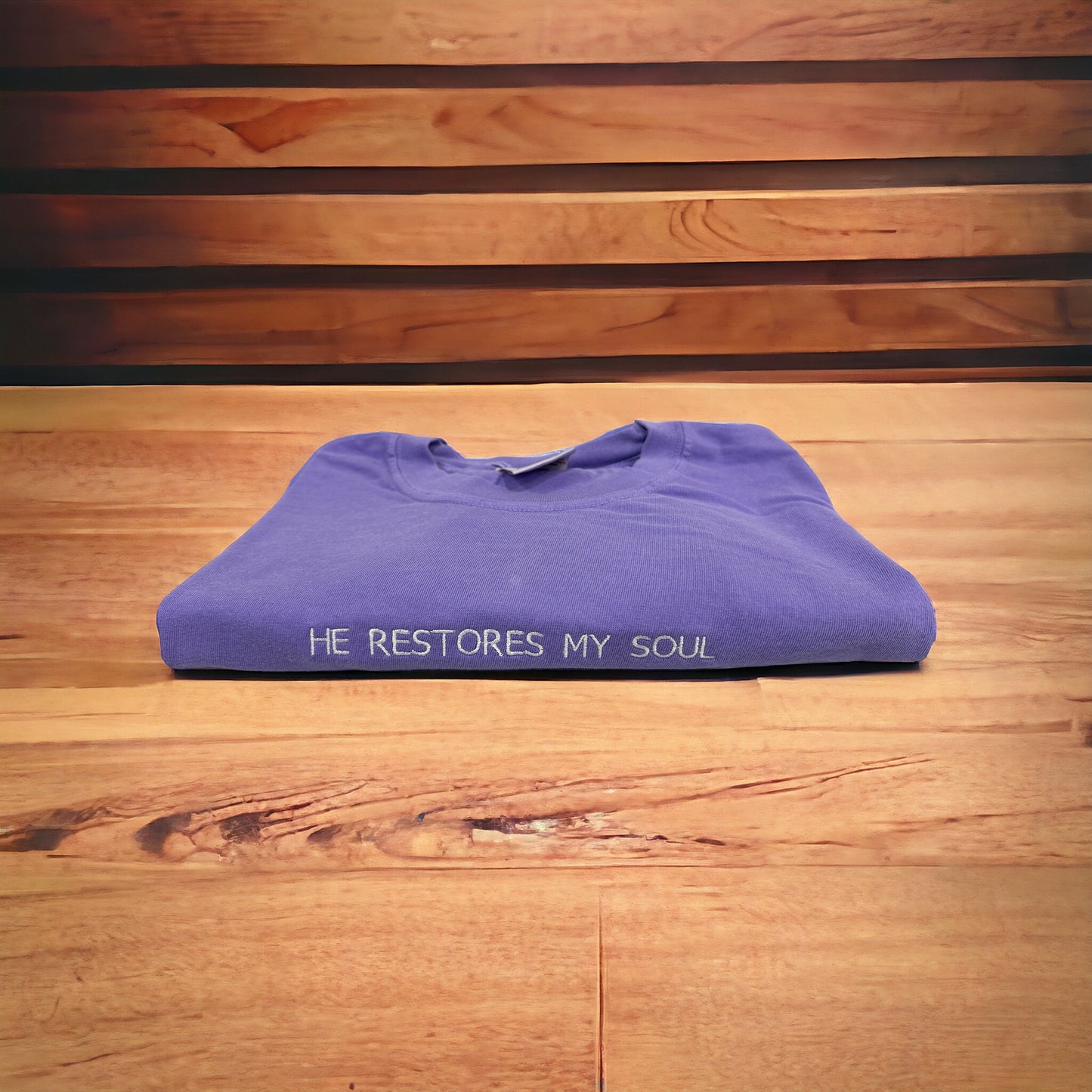 He restores my soul comfort colors embroidered tee